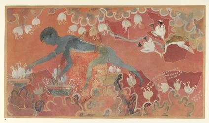Målning av den blå apan saffransamlarfresken från Palace of Minos i Knossos (Evans Fresco Ritning L/3 a)), cirka 1921 (papper, pigment)