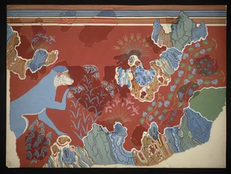 Målning av den blå apan i ett stenigt landskap fresk från Freskernas hus på Knossos (Evans Fresco Drawing C/6), cirka 1928 (papper, pigment)