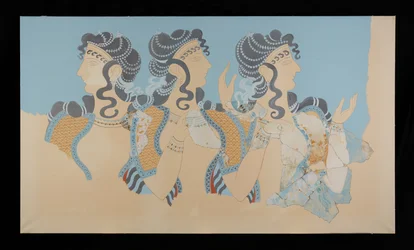 Målning av de restaurerade damerna i blå fresco från Palace of Minos i Knossos (Evans Fresco Drawing O/7)