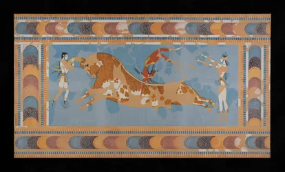 Målning av den restaurerade Taureador Fresco från Palace of Minos i Knossos (Evans Fresco Drawing N/4)