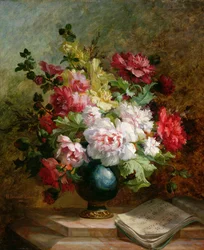 Stilleben med blommor och noter