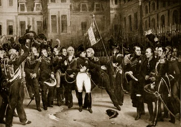 Napoleons avsked från sina generaler i Fontainebleau, 1814, illustration ur "Hutchinsons historia om den brittiska nationen", ca 1923