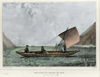En Balsa eller en utslagsbåt på Titicacasjön (Bolivia). Litografi av Emile Lassalle (1813-1871) - i "" Voyage in South America"" av Alcide D