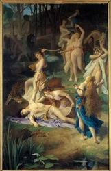 Orfeus död. Backanterna (eller maenaderna) sliter Orfeus i stycken. Målning av Émile Lévy (1826-1890).