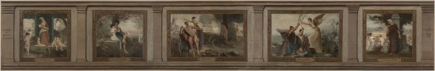 Skiss till stadshuset i 16:e arrondissementet i Paris (salon en hémicycle): Barndom, ungdom, syfte, ära, ålderdom: Livets olika åldrar, 1884 (olja på duk)