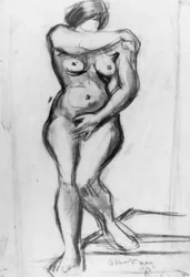 Stående kvinnlig modell en face, croquis.
