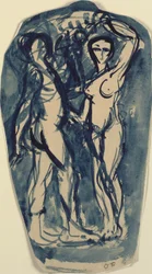 Två stående, nakna figurer (Adam och Eva?).