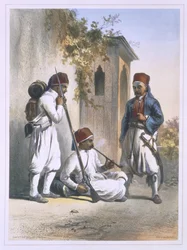 Nizamior, ordinarie trupper från den turkiska armén i Kanka, illustration från "Nildalen", graverad av Mouilleron, pub. av Lemercier, 1848