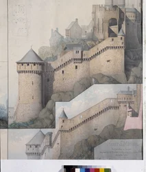 Utsikt över machicoulis mellan norra tornet och Claudine-tornet på Mont Saint Michel. Teckning av Emile Sagot. Avranches kommunala museum (Manche)
