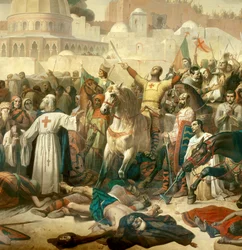 Detalj: Första korståget: «Korsfararnas erövring av Jerusalem den 15/07/1099» - Gottfrid av Bouillon tackar Gud i närvaro av Petrus Eremiten