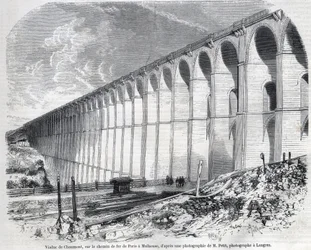 Chaumont Viaduct på järnvägen från Paris till Mulhouse. Gravyr efter skiss av Ralph i ""The Illustrous World"", 1857-05-09. Privat samling.