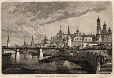 Översikt över Moskva, tagen från Moskowa, ritning av Therond, för att illustrera resan från Shanghai till Moskva, från 1859 till 1862, av M. de Bourboulon, Frankrikes minister till Kina. Gravyr i "" Le tour du monde", redigerad av Edouard Charton
