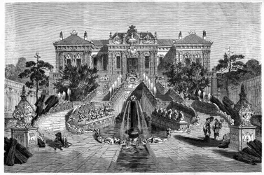 Haiyan Tang Pavilion har västerländsk arkitektur i Ete Palace i Pekin (Peking). Gravyr efter en teckning av Therond, i "" Le Tour du Monde, Nouveau journal des Voyages", redigerad av Edouard Charton, Paris