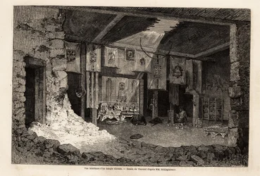 Invändig vy av ett tibetanskt tempel, ritning av Therond, för att illustrera sammanfattningen av det geografiska året 1862, av Vivien de Saint Martin. Gravyr i "" Le tour du monde"", redigerad av Edouard Charton