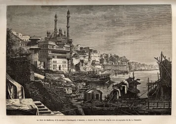 Madhorays ghat (trappsteg som täcker en flods stränder som låter dig gå ner i kontakt med vatten) och Aurangzeb-moskén i Benares, graverad efter teckningen av E. Therond, som illustrerar Rajahernas resa till Indien, 1864-1868 , av Louis Ro