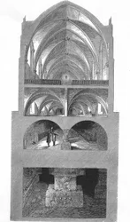 Sektionsvy av köket, källarna och katakomberna i Napoleons gymnasieskola i Paris (gravyr)
