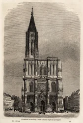 Fasaden på katedralen i Strasbourg, teckning av Therond, för att illustrera Victor Duruys resa från Paris till Bukarest 1860. Gravyr i ”” Le tour du monde”” 1861. Selvas samling.