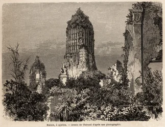 Ruinerna tagna i djungelns vegetation, i Ajuthia (Thailand), teckning av Therond, för att illustrera resan genom kungadömena Siam, Kambodja och Laos, från 1858 till 1861, av Henri Mouhot. Gravyr i "" Le tour du monde", redigerad av Edouard