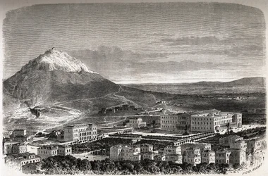 Utsikt över Athens Grekland, teckning av Therond, för att illustrera historien om M.A.Proust, en vinter i Aten