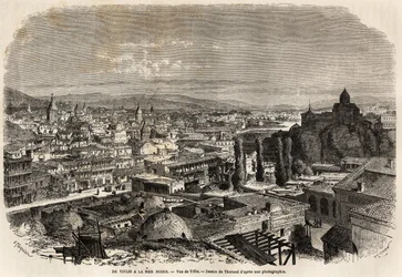 Vy över Tiflis, eller Tbilisi, teckning av Théorond, för att illustrera herr Moynets resa år 1858 till Svarta havet och Kaspiska havet. Gravyr i ”Le Tour du monde, nouveau journal des voyages”, Paris