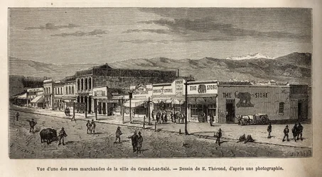 Vy över en av shoppinggatorna i staden Salt Lake City (Utah, USA), graverad efter teckningen av E.Therond, som illustrerar resan från Washington till San Francisco, 1868, av L. Simonin, publicerad i "" Le tour du monde””” 1874, redigerad av Ed