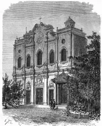 Utsikt över fasaden av katedralen i Nantang, byggd på platsen för Matteo Riccis hus (1552-1610), katolicismens fader i Kina. Gravyr efter teckning av Therond, i "" Le Tour du Monde, Nouveau journal des Voyages", redigerad av Edouard Chart