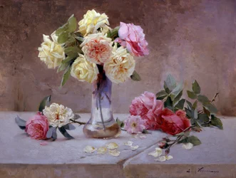 Stilleben med rosa och gula rosor. Målning av Emile Vernon (1872-1919) Privat samling.