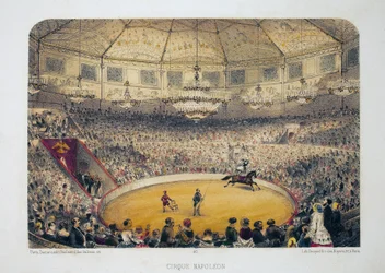 Cirque Napoleon (nuvarande vintercirkus, rue Amelot, Paris). Litografi akvarell, illustration av E.de la Tramblaiz, i "Album, souvenirs de Paris", Daziaro-redaktör, Paris