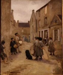 Barn som leker med ringar på en gata, Arromanches