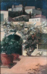 Italian Hilltop Town by Night (olja på panel)