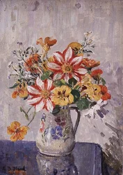 Stilleben med blommor i en kanna