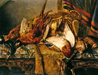 Stilleben med fasaner på ett marmorbord, ca 1850 (olja på duk)