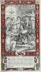 Balett i slottet Fontainebleau under vilken damerna vid kung Henrik II:s hov (1519 - 1559) representerar varsin vetenskap eller konst. Gravyr av 1914 av Emmanuel Blanche (1880-1946).DR Privat samling.