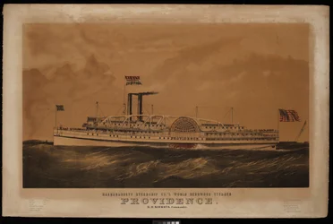 Narragansett Steamship Co:s världsberömda ångare Providence B M Simmons. Kommendörkapten... (litografi, färglagd)