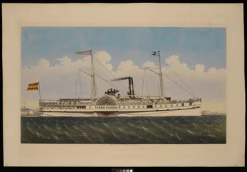 S.S. Villa Clara med utsikt över New York (litografi, färglagd)