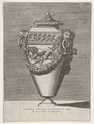Antik urna med lock dekorerad med ett motiv av diamantringar och lejon, från vaser ..., 1543 eller senare.