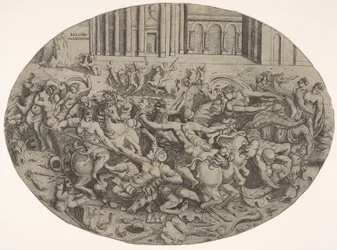Strid mellan amasoner och män framför arkitektoniska arkader, en oval komposition med..., 1543.