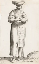 Kostymtallrik: Hispania Rustica mul. med etikett på marken, ca. 1557-58.