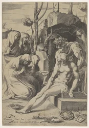Kristi gravläggning, vars bröst greppas av Josef av Arimatea, med två knästående och..., 1543.