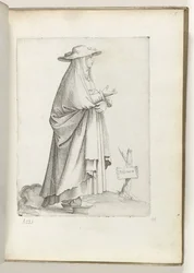 Spanska m(ulier) (titel på objekt) Vrouw till rätt, i spanska kläder. ca. 1550 Attityderna hos olika nationer i vår tid (serietitel)