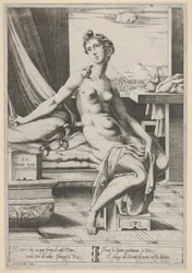 Lucretia naken och sittande framför ett fönster, med en dolk i höger hand och hållande d..., ca 1535-67