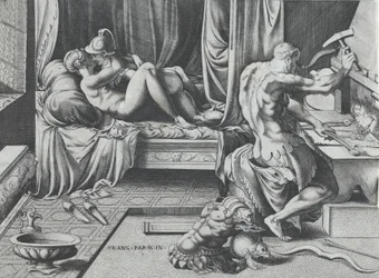 Venus och Mars omfamnar när Vulcan arbetar i sin smedja, 1543.