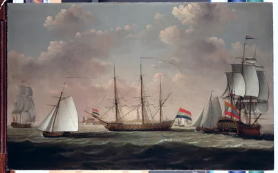Ostindiefararen "t Slot ter Hooge" och andra fartyg i en frisk vind utanför en nederländsk hamn, möjligen Flushing.