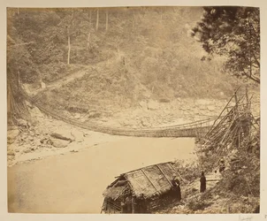 Cane hängbro över Teesta, på väg in i Bhootan.  Utsikt över Darjeeling. 1870-talet