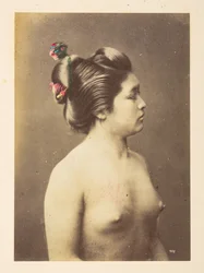 [Japanska] Flickor som badar, Halvlångt högerprofilporträtt av en naken ung kvinna,  Fotograf: Okänd  Lucas Collection: Fotografiskt rekord från Charles James och Morton P, Lucas världsturné