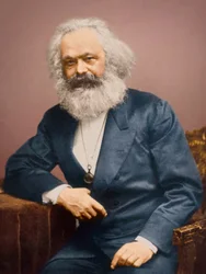 Porträtt av Karl Marx i blå kostym