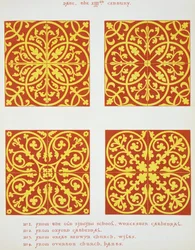 Kakeldesigner från 1200-talet, illustration från Exemplar av kakelbeläggningar, ritade från befintliga myndigheter, av Henry Shaw, 1858