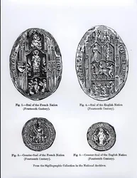 Den franska och engelska nationens sigill från 1300-talet, illustration ur "Medeltidens och renässansens vetenskap och litteratur", skriven och graverad av Paul Lacroix
