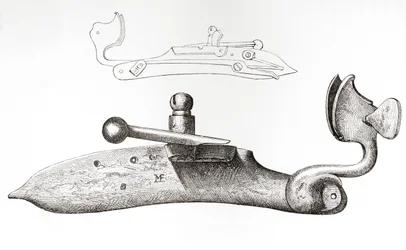 Tändstickslås från 1600-talet. Mekanism eller lås som används för att avfyra ett handhållet skjutvapen, från The British Army: Its Origins, Progress and Equipment, publicerad 1868.