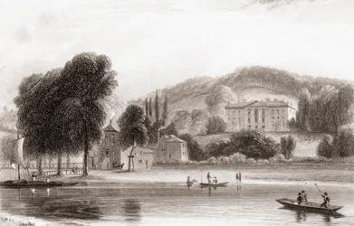 1800-talsvy av Beaumont Lodge, Old Windsor, Berkshire, England. Såldes 1854 till Society of Jesus och bytte namn till Beaumont College, en jesuitisk folkskola. Från Churton